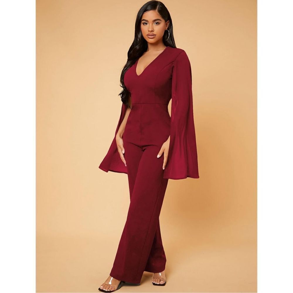 NEW Deep V Neck Split High Waist Jumpsuit Wide Leg Romper XL - Picture 3 of 6